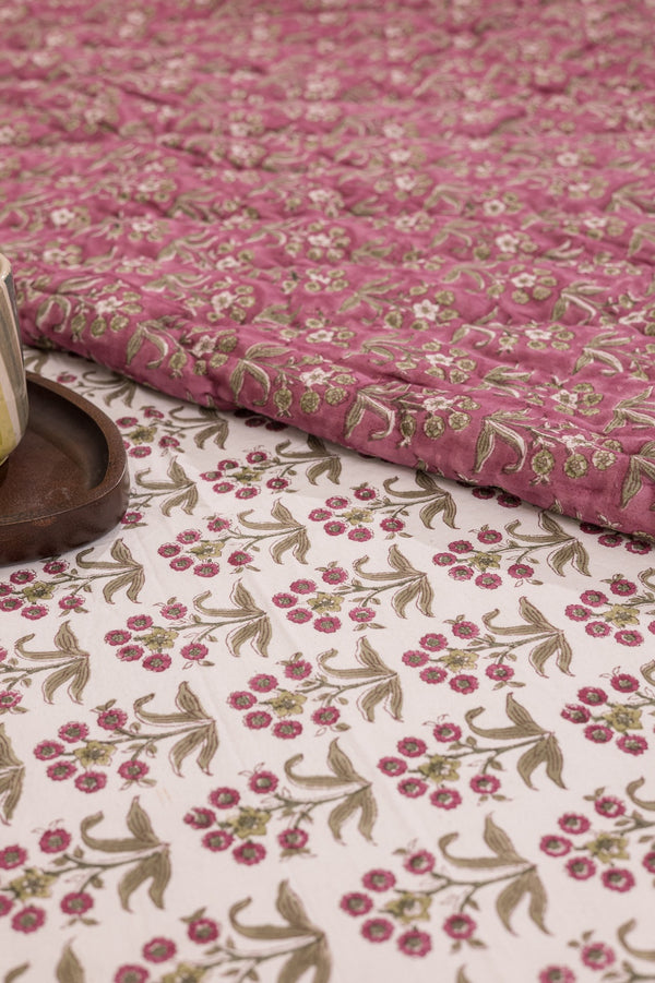 Cotton Hand Block Printed Bedsheet - White