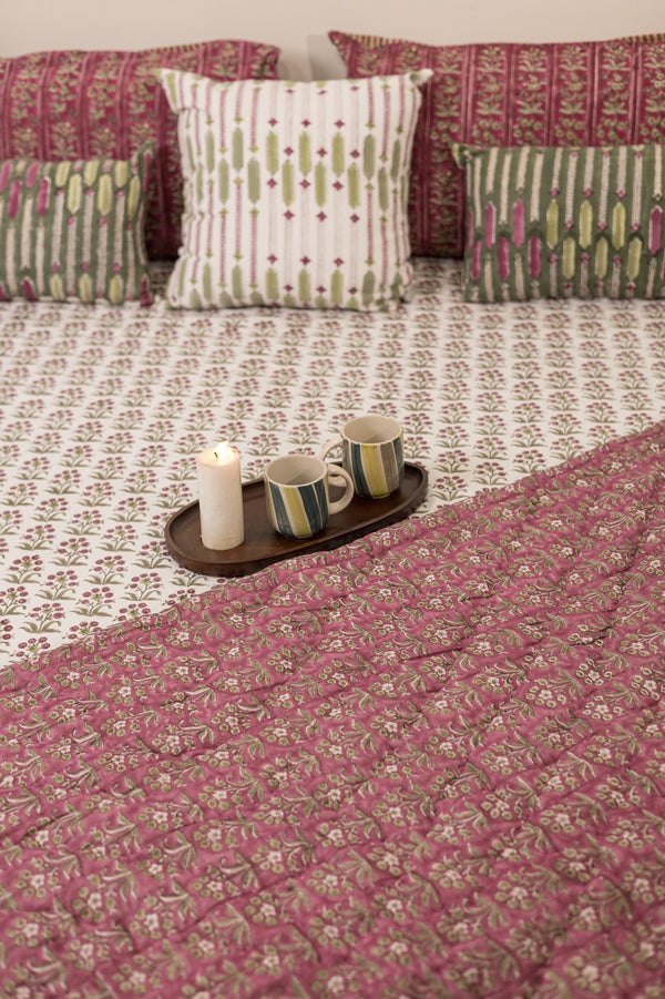 Cotton Hand Block Printed Quilt - White