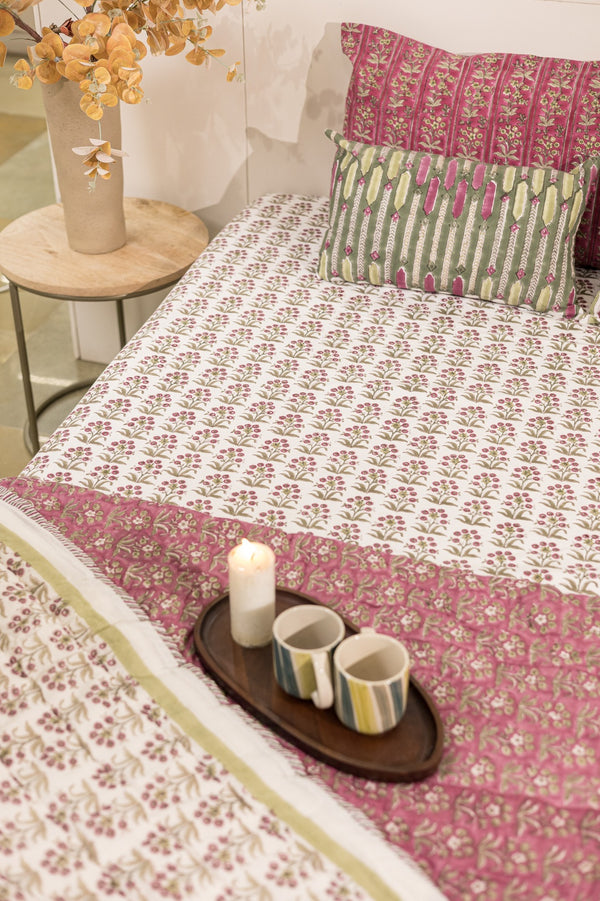 Cotton Hand Block Printed Quilt - White