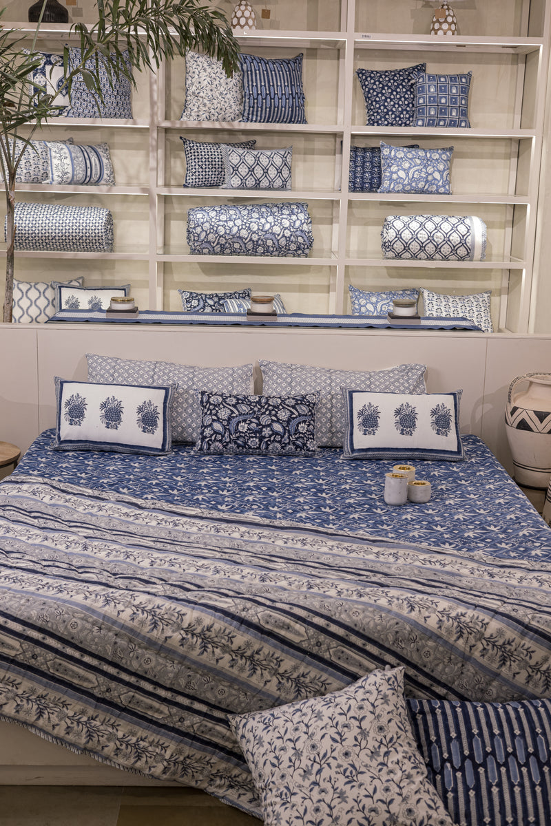 Cotton Hand Block Printed Quilt - Indigo