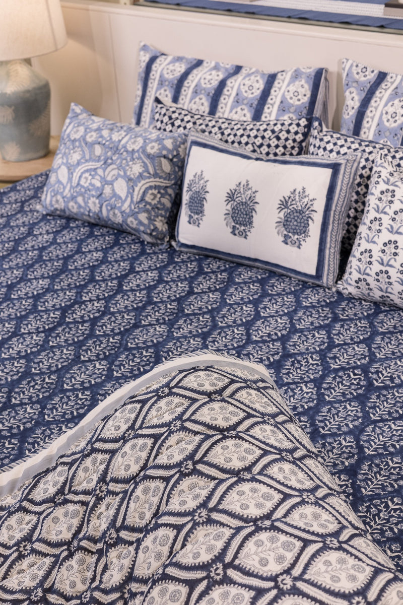 Cotton Hand Block Printed Quilt - Indigo