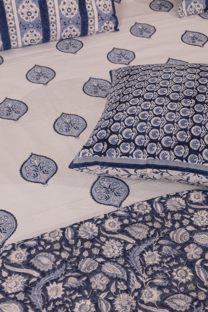 Cotton Hand Block Printed Bedsheet - White