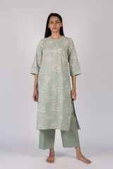 Green Floral Hand Block Printed Straight Cotton Kurta