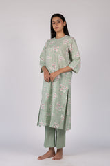 Green Floral Hand Block Printed Straight Cotton Kurta