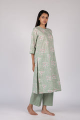 Green Floral Hand Block Printed Straight Cotton Kurta