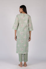 Green Floral Hand Block Printed Straight Cotton Kurta