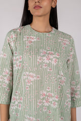 Green Floral Hand Block Printed Straight Cotton Kurta