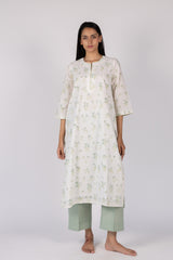 White Floral Print Straight Cotton Kurta
