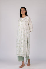 White Floral Print Straight Cotton Kurta