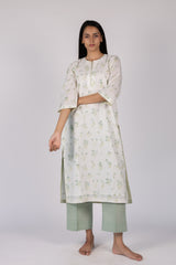 White Floral Print Straight Cotton Kurta
