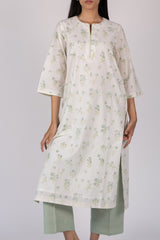White Floral Print Straight Cotton Kurta