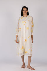 White Floral Digital Printed Chanderi Silk Midi Dress