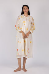 White Floral Digital Printed Chanderi Silk Midi Dress