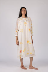 White Floral Digital Printed Chanderi Silk Midi Dress