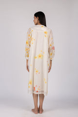 White Floral Digital Printed Chanderi Silk Midi Dress