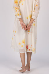 White Floral Digital Printed Chanderi Silk Midi Dress