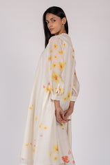 White Floral Digital Printed Chanderi Silk Midi Dress