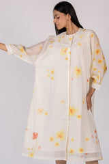 White Floral Digital Printed Chanderi Silk Midi Dress