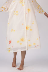White Floral Digital Printed Chanderi Silk Midi Dress