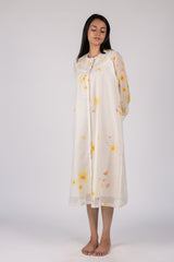 White Floral Digital Printed Chanderi Silk Midi Dress