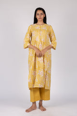 Yellow Floral Hand Block Printed Cotton Gathered Kurta