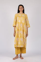 Yellow Floral Hand Block Printed Cotton Gathered Kurta