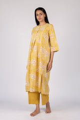 Yellow Floral Hand Block Printed Cotton Gathered Kurta