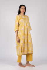 Yellow Floral Hand Block Printed Cotton Gathered Kurta
