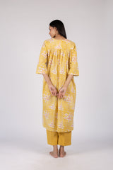 Yellow Floral Hand Block Printed Cotton Gathered Kurta