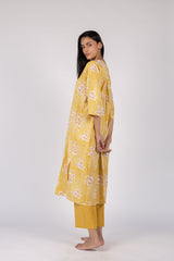 Yellow Floral Hand Block Printed Cotton Gathered Kurta