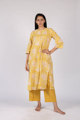 Yellow Floral Hand Block Printed Cotton Gathered Kurta