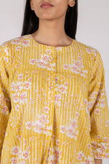 Yellow Floral Hand Block Printed Cotton Gathered Kurta