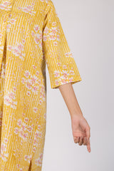 Yellow Floral Hand Block Printed Cotton Gathered Kurta