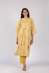 Yellow Floral Hand Block Printed Cotton Gathered Kurta