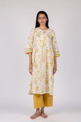 Yellow Floral Hand Block Printed Cotton Gathered Kurta