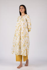 Yellow Floral Hand Block Printed Cotton Gathered Kurta