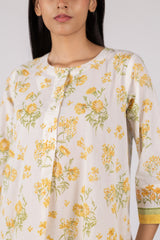 Yellow Floral Hand Block Printed Cotton Gathered Kurta