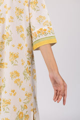 Yellow Floral Hand Block Printed Cotton Gathered Kurta