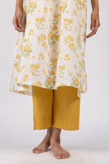 Yellow Floral Hand Block Printed Cotton Gathered Kurta