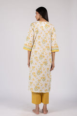 Yellow Floral Hand Block Printed Cotton Gathered Kurta