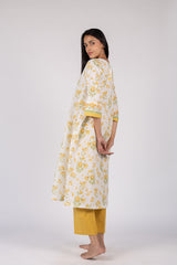 Yellow Floral Hand Block Printed Cotton Gathered Kurta