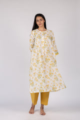 Yellow Floral Hand Block Printed Cotton Gathered Kurta