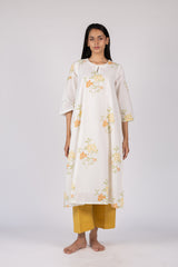 White Floral Hand Block Printed Cotton Flared Kurta