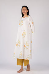 White Floral Hand Block Printed Cotton Flared Kurta