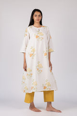 White Floral Hand Block Printed Cotton Flared Kurta