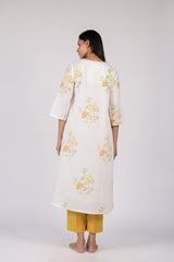 White Floral Hand Block Printed Cotton Flared Kurta