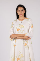White Floral Hand Block Printed Cotton Flared Kurta