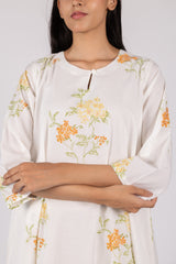 White Floral Hand Block Printed Cotton Flared Kurta