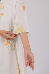 White Floral Hand Block Printed Cotton Flared Kurta