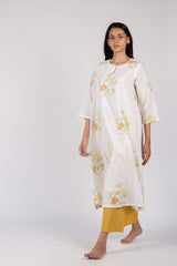 White Floral Hand Block Printed Cotton Flared Kurta